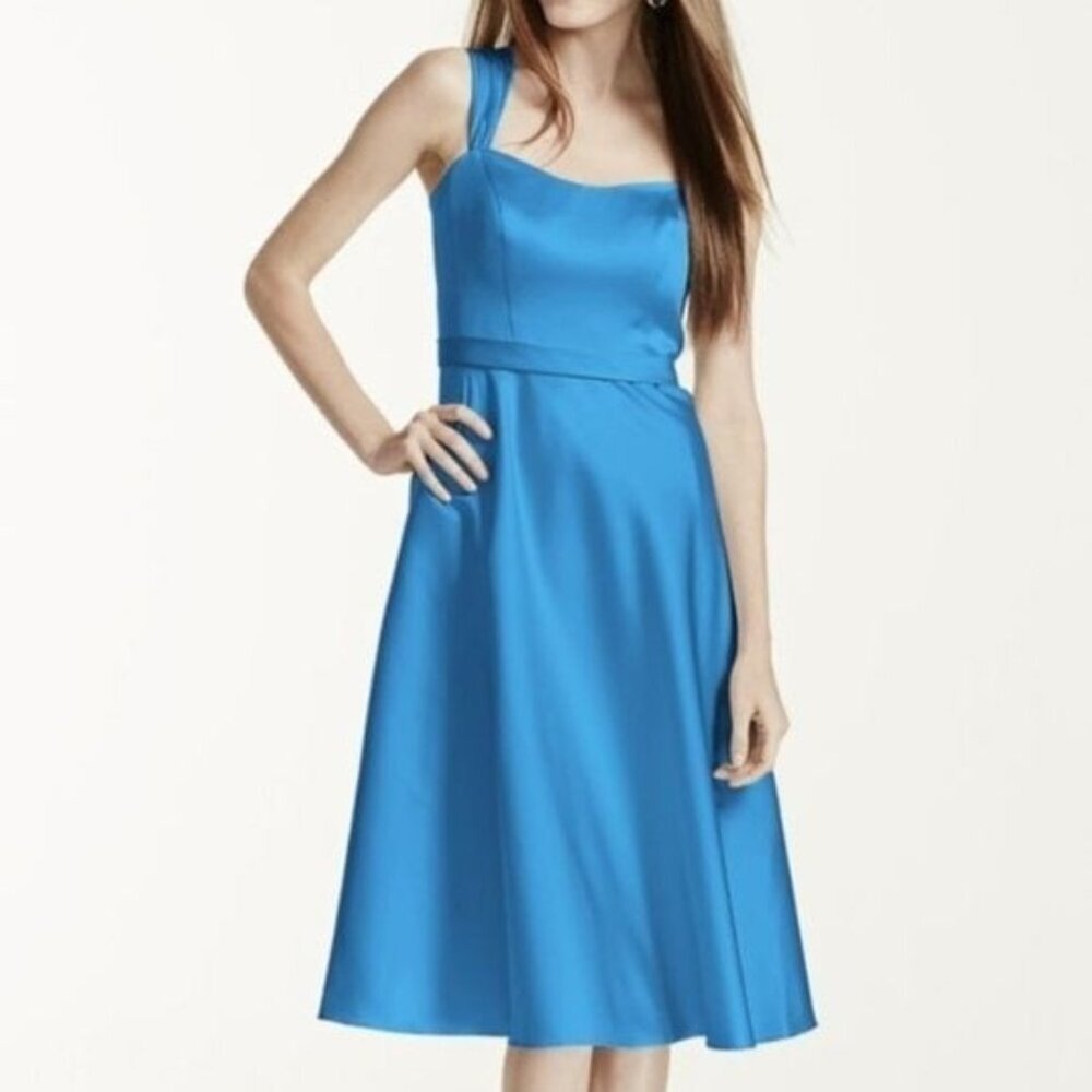 David's Bridal Malibu Blue Satin Empire Waist Midi Formal Dress Size 12 NWT